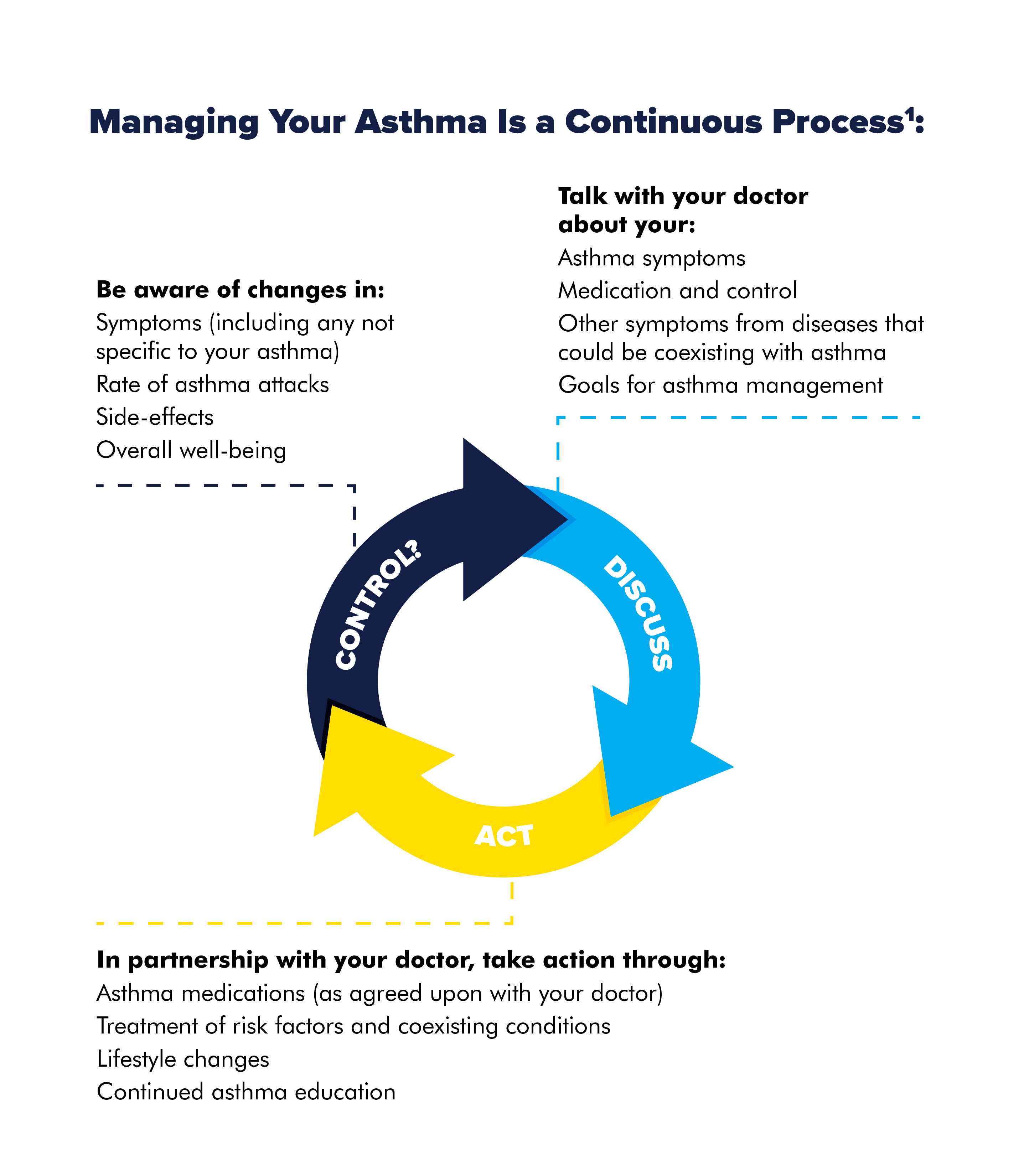 Infographic outlining how asthma management is a continuous process of discussion, action and questioning control.